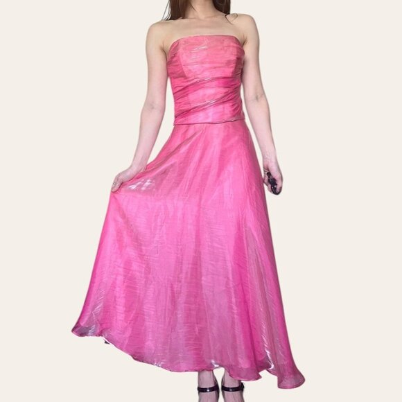 90s/y2k two piece vintage barbie pink shimmery chiffon prom dress - Fiesta XXS - Picture 6 of 8